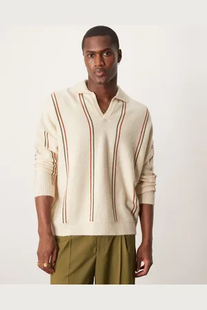 ASOS – Gestreiftes, kastig geschnittenes Oversize-Polohemd in Steinbeige mit Einkerbung am Dekolleté