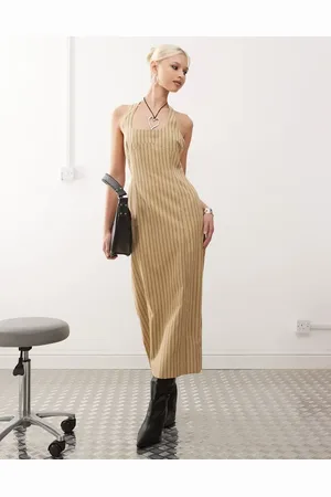 Lioness – Neckholder-Midikleid in gestreiftem Beige mit Schlitz hinten