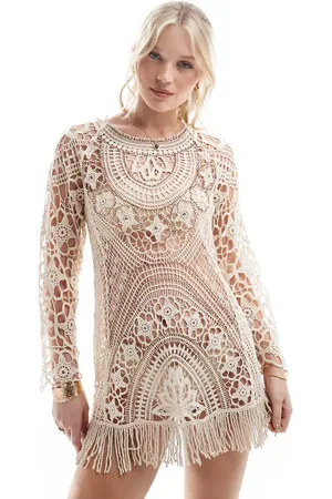 River Island – Gehäkeltes Minikleid in Cremeweiß
