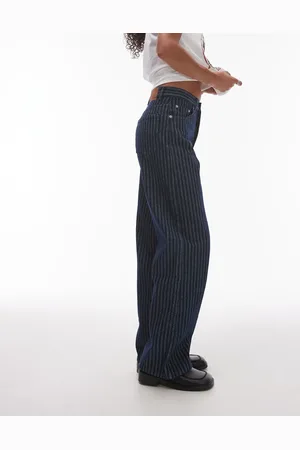 Topshop – Loose Fit Straight Jeans in gestreiftem Indigoblau mit mittelhohem Bund