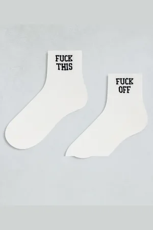 ASOS – 2er-Pack Kurzsocken in Ecru mit „Fuck Off“-Schriftzug