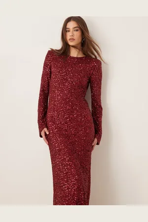 Gina Tricot – Pailletten-Maxikleid in Dunkelrot mit Flötenärmeln und Rückenausschnitt