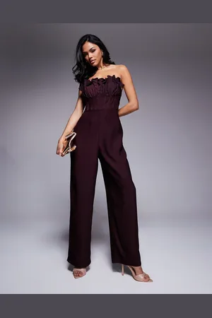 ASOS – Jumpsuit in dunklem Schokobraun mit kontrastierendem Korsett-Oberteil mit gerüschter Brustpartie