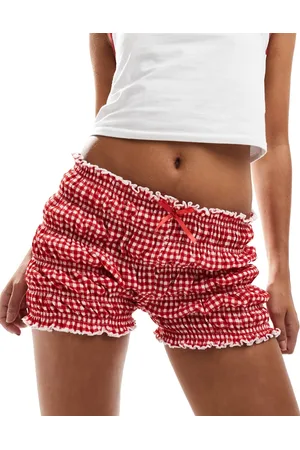 Reclaimed – Kurze Shorts mit Rüschen und Schleife in rotem Vichy-Karo