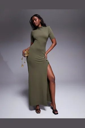 ASOS – Hochgeschlossenes, kurzärmliges Maxi-Bleistiftkleid aus khakifarbenem Scuba-Stoff mit Schlitz mit großen goldfarbenen Knöpfen