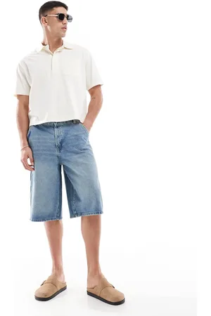 Bershka – Skater-Fit-Jeans-Shorts in Mittelblau