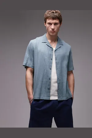 Topman – Kurzärmliges Hemd in Mittelblau mit Knitterstruktur