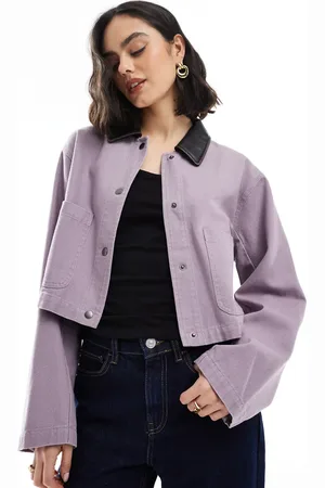 ASOS – Cropped Lederlook-Barnjacke in verwaschenem Flieder mit Kragen in Grau