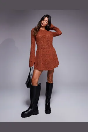 ASOS – Grobmaschiges, langärmliges Strick-Minikleid in Karamell