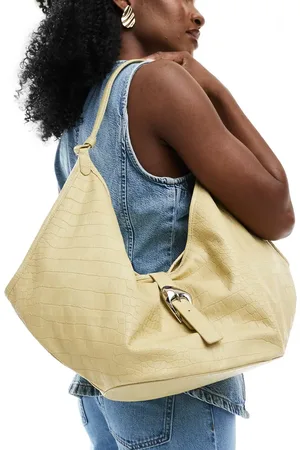 Stradivarius – Schultertasche in Kroko-Buttermilchgelb