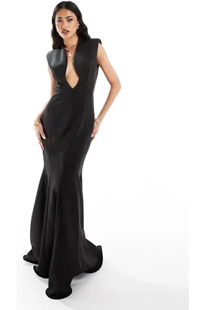 ASOS – Geformtes Maxikleid in schwarzer Neoprenoptik mit tiefem Ausschnitt und Fischschwanz-Design