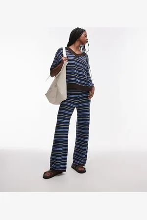 Topshop – Strickhose mit blauen Streifen und weitem Bein, Kombiteil