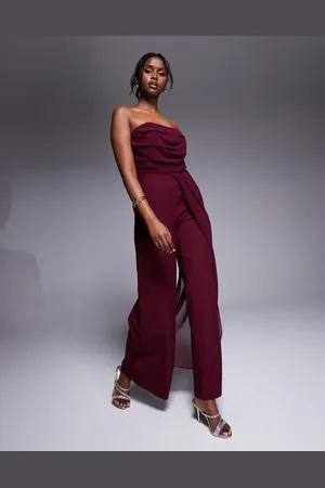 ASOS – Trägerloser Jumpsuit in Burgunderrot mit Chiffon-Oberteil