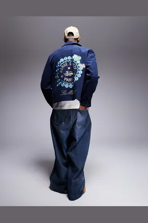 ASOS – Cord-Harringtonjacke in Marineblau mit Stickerei