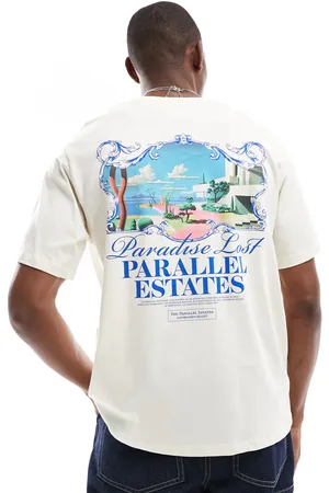 JACK & JONES – Oversize-T-Shirt in Creme mit Landschaftsprint auf dem Rücken