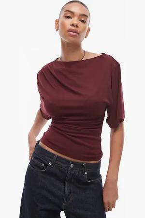 Topshop – Kurzärmliges Jersey-Oberteil in Burgunderrot mit hochgeschürzten Seiten
