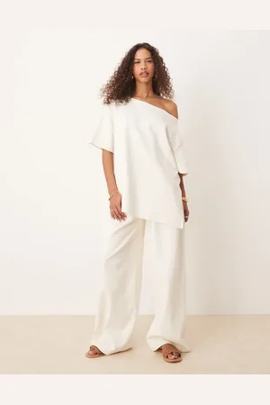 ASOS – Sehr weit geschnittene Hose in Kokosmilchweiß aus Interlock-Stoff, Kombiteil