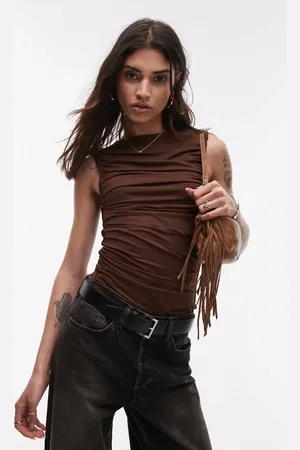 Topshop – Gerafftes Jersey-Oberteil in Braun mit U-Boot-Ausschnitt