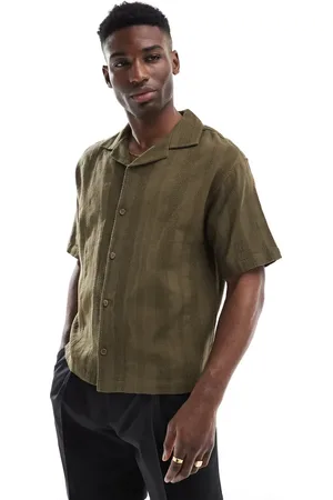 Pull&Bear – Hemd in Khaki mit strukturiertem Streifenmuster