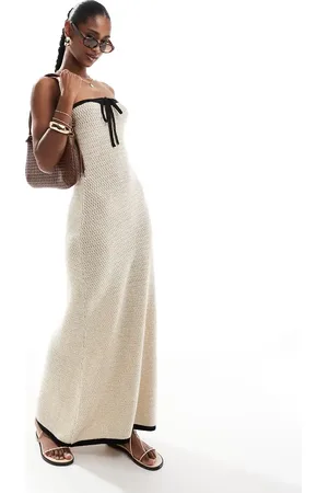 4th & Reckless – Gehäkeltes Maxi-Strandkleid in Ecru mit gebundener Vorderseite und farblich abgesetzter Kante