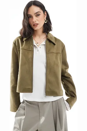 ASOS – Arbeiterjacke aus Wildlederimitat in Olivgrün mit breitem Kragen