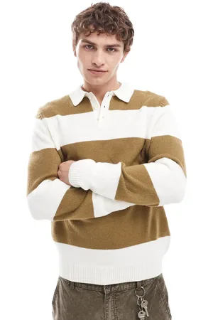 ASOS – Rugby-Strickpolo in Ecru und Khaki gestreift