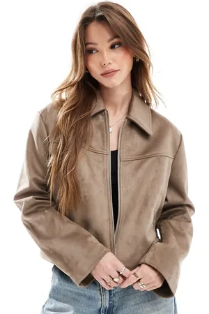 ASOS – Arbeiterjacke aus Wildlederimitat in Steinbeige mit Kragen