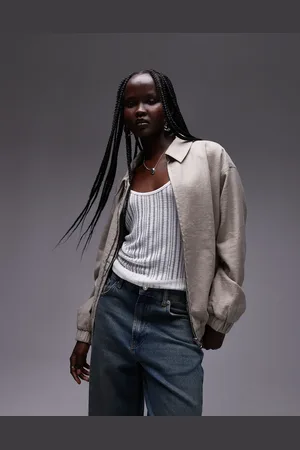 Topshop – Bomberjacke aus Leinen in Steinbeige