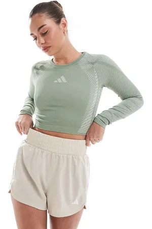 adidas Adidas Training – Nahtloses, langärmliges Oberteil in Grün und Silber mit kurzem Schnitt