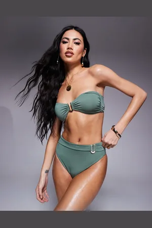 ASOS – Ella – Bikinihose in Khaki mit hohem Bund und goldener Verzierung