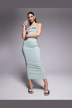 Vesper – Trägerloses, figurbetontes Midaxi-Kleid aus Bengaline in Salbeigrün mit Schleifendetail