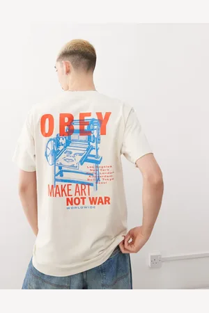 Obey – T-Shirt in Cremeweiß mit „Make Art“-Druckpressen-Print auf dem Rücken