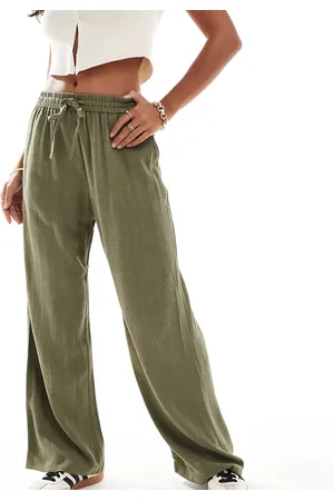 Miss Selfridge – Weit geschnittene Pull-on-Hose in Khaki aus Leinenmix