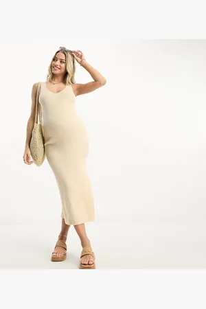 ASOS ASOS DESIGN Maternity – Midi-Strickkleid in Steinbeige mit V-Ausschnitt