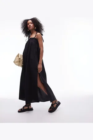 Topshop – Popeline-Maxikleid in Schwarz mit geraffter Brustpartie