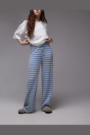 Topshop – Strukturierte Hose in gestreiftem Blau mit weitem Bein