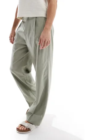 ASOS – Elegante, weit geschnittene Bundfalten-Hose in Salbeigrün aus Leinenmix