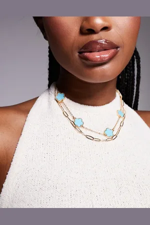 Aldo – Feelin Blue – Mehrreihige Choker-Halskette mit Kleeblatt-Anhängern in Türkis und Goldoptik