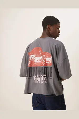 ASOS – Kastiges Oversize-T-Shirt in Grau mit Auto-Print und überschnittenen Schultern