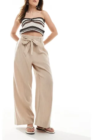 ONLY – Hose in Beige mit weitem Bein und Kordelzugbund