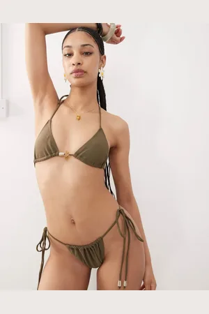 Motel – Leyna – Bikinihose in Olivgrün mit Perlendetail