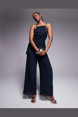 ASOS – Strukturierter Jumpsuit in Marineblau mit quadratischem Ausschnitt und Hose aus Chiffon