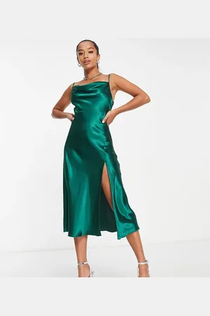 Little Mistress – Midikleid aus Satin in Smaragdgrün mit Wasserfallausschnitt