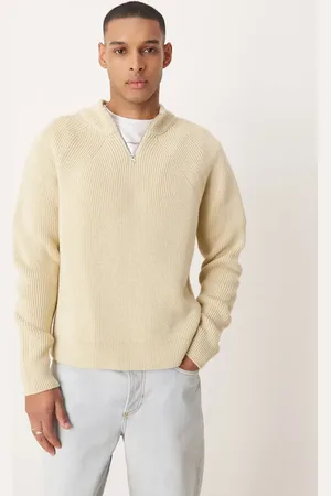 ASOS – Lässig und kastig geschnittener Strickpullover in Beige mit kurzem Reißverschluss