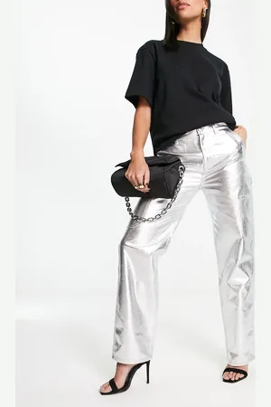 Pull&Bear – Silberfarbene Metallic-Jeans mit hoher Taille
