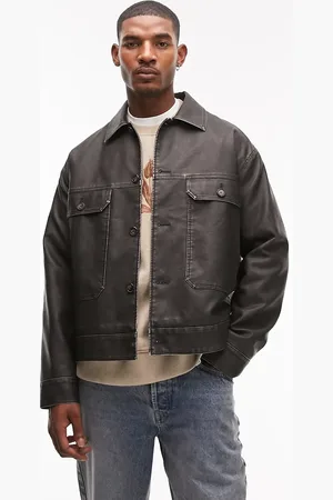 Topman – Hemdjacke aus Kunstleder in schwarzer Used-Optik