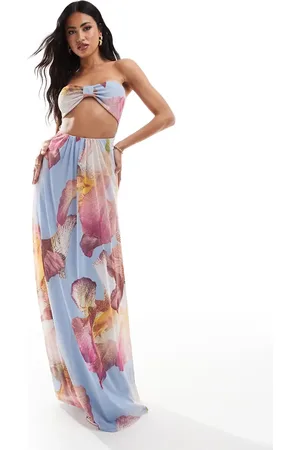 ASOS – Trägerloses Netzstoff-Maxikleid in zweiteiliger Optik mit übergroßem Orchideenmuster