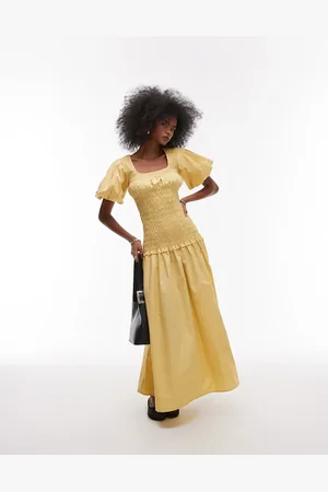 Topshop – Gesmoktes Maxikleid in Buttermilchgelb mit Puffärmeln und eckigem Ausschnitt