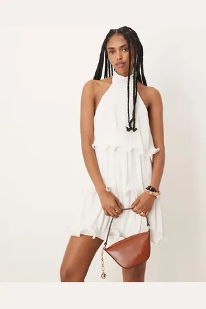 Gina Tricot – Minikleid in Wollweiß mit Neckholder und Wellensaum