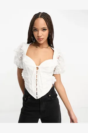 ASOS – Weißes Korsett-Oberteil mit Puffärmeln, Frontschnürung und Spitzenstoff mit 3D-Blumen